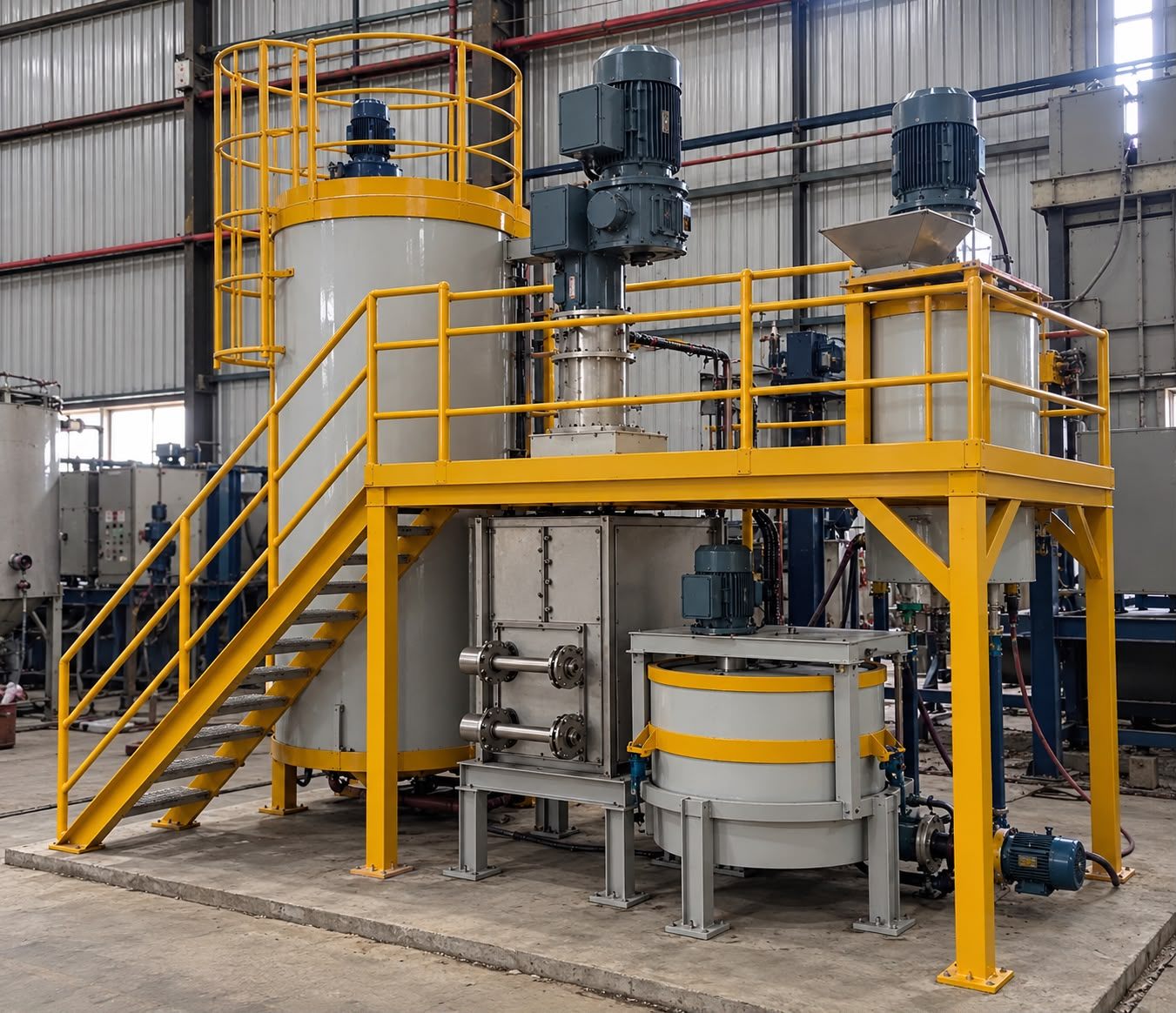 Planta completa do moinho octogonal fabricado pela RR Ferramentaria, montada em galpão com plataforma, tanques e acionamentos